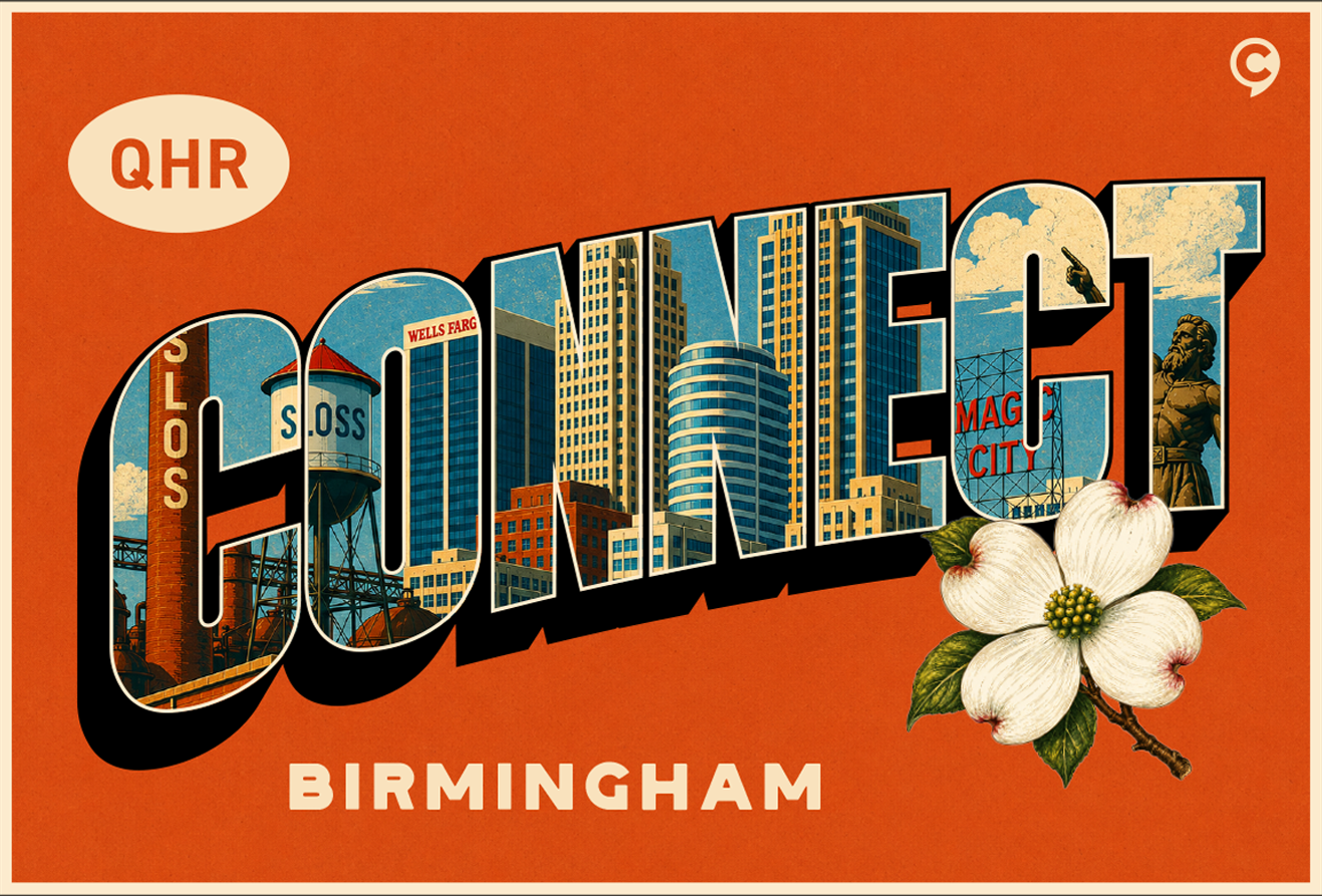 Vintage style CONNECT text showing Denver mountains and skyline with a bison on blue background.