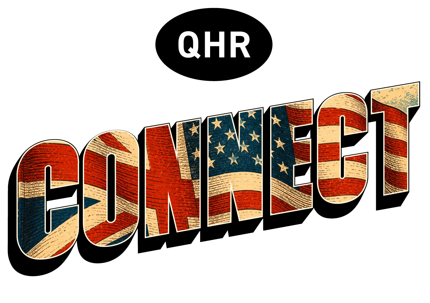Text logo with QHR in a black oval above the word CONNECT in large cream letters with shadows.