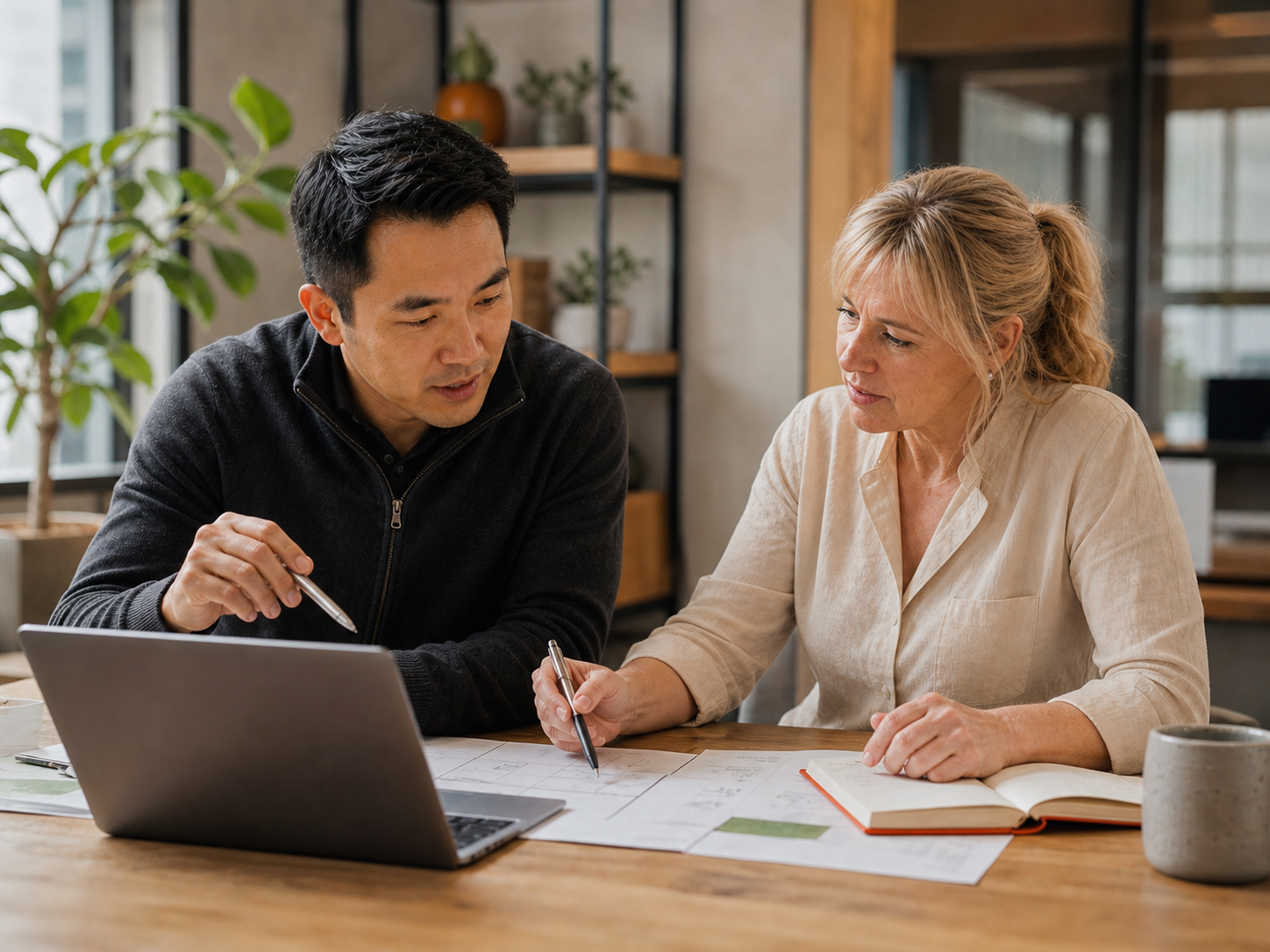Technology finance specialist and business leader reviewing a digital project roadmap