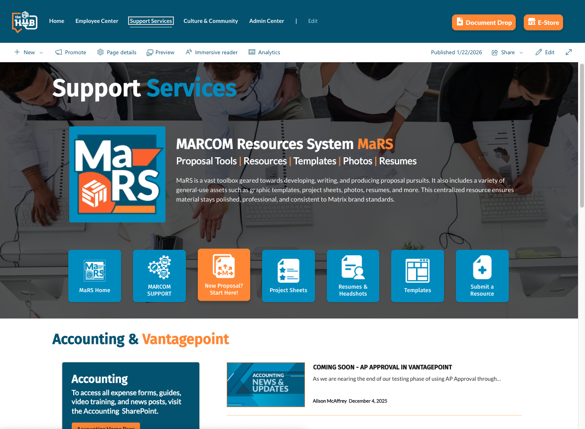 A company was using a folder structure on an old SharePoint infrastructure to provide company wide documents for multiple departments. As part of the MARCOM team, I developed a new web-based experience that utilized the SharePoint infrastructure but included custom SPFx webparts and embedded Power App solutions. The project also included branding and internal communication and promotional design.