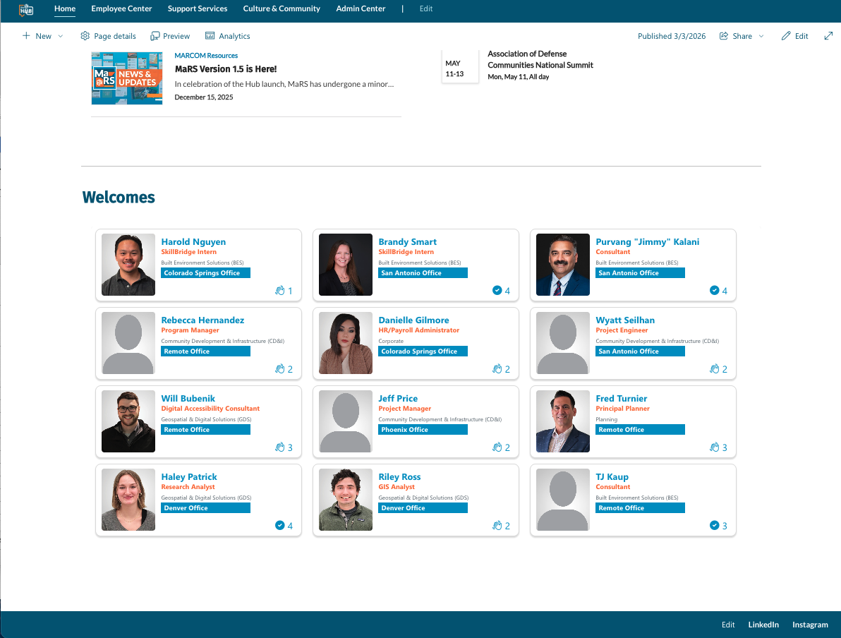 A company was using a folder structure on an old SharePoint infrastructure to provide company wide documents for multiple departments. As part of the MARCOM team, I developed a new web-based experience that utilized the SharePoint infrastructure but included custom SPFx webparts and embedded Power App solutions. The project also included branding and internal communication and promotional design.