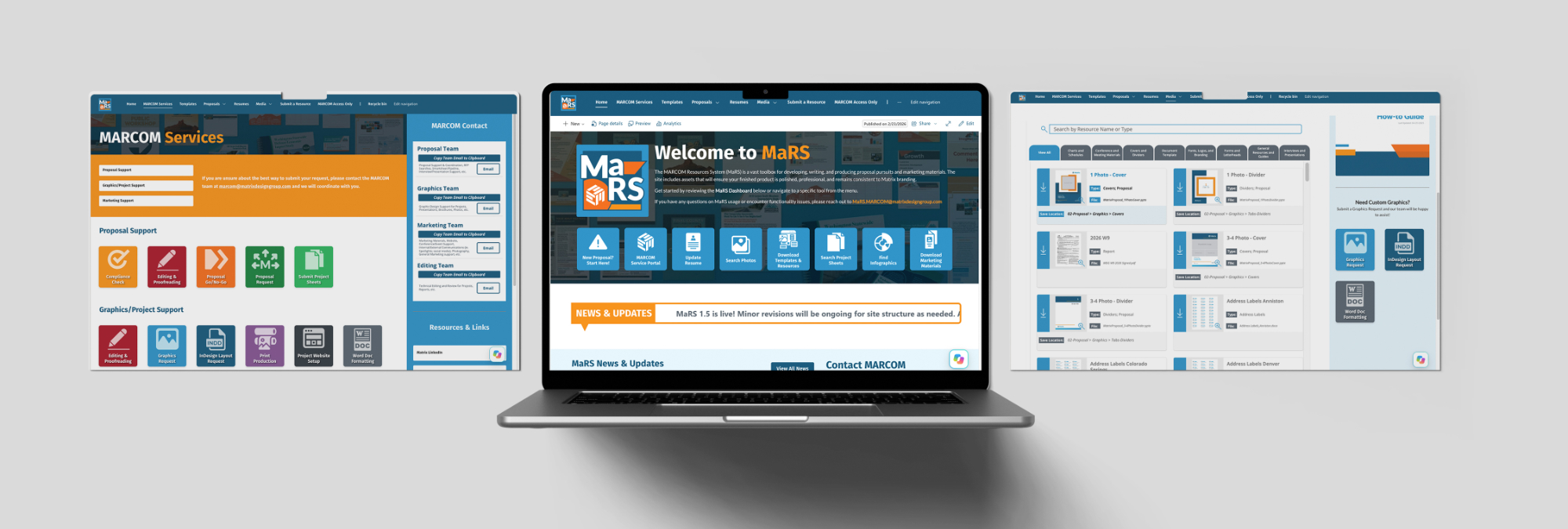 MaRS, the MARCOM Resource System, is a centralized proposal resource hub designed to make approved brand materials easier to find, use, and maintain across the organization.