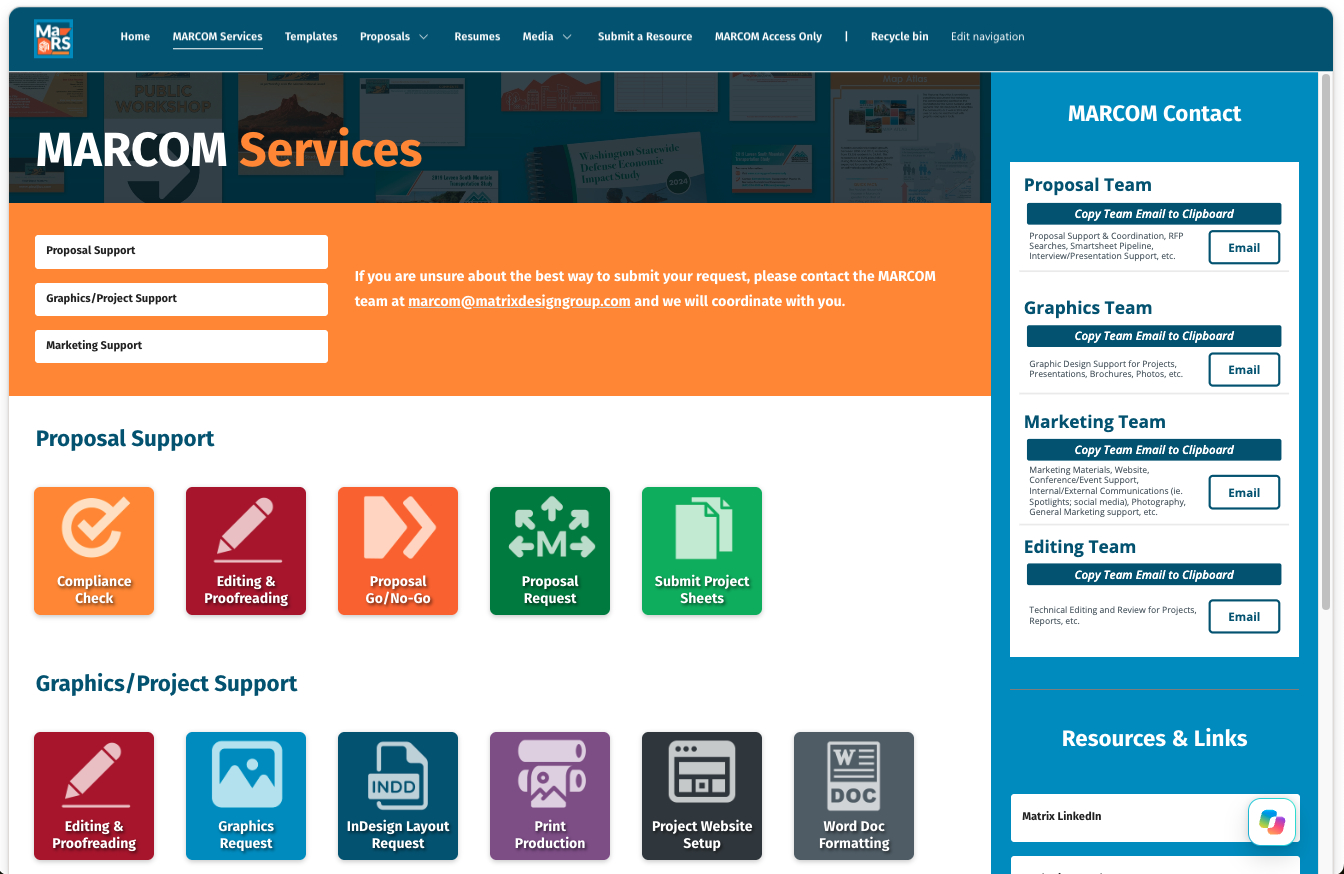 MaRS, the MARCOM Resource System, is a centralized proposal resource hub designed to make approved brand materials easier to find, use, and maintain across the organization.