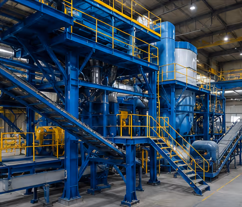 Interior of an industrial facility featuring large blue machinery with yellow safety railings and staircases under a high ceiling with lighting fixtures.