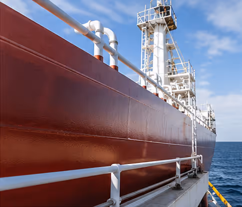 Close-up view of the side of a large ship painted with fresh red anti-corrosion coating docked by a pier, against a blue sky.