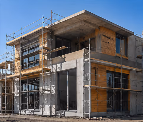 Modern two-story house under construction with scaffolding around it, wood and concrete exterior walls, and large glass windows against a clear blue sky.