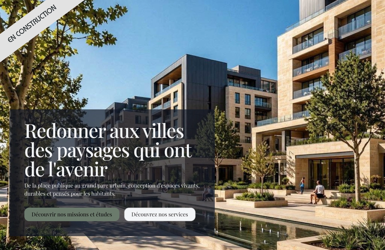 Écran d'accueil pour un cabinet d'études urbaniste à Bordeaux, montrant un ensemble immobilier contemporain de grande hauteur, mélangeant pierre beige et éléments modernes, donnant sur un parc paysager bien aménagé. Au premier plan, des allées pavées et un plan d'eau réfléchi. Quelques personnes sont assises sur des bancs ou se promènent.
