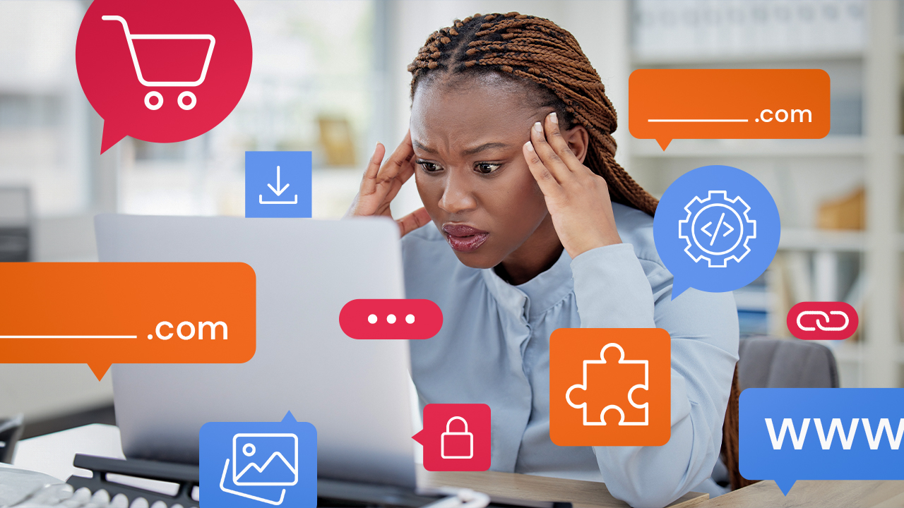 Frustrated user overwhelmed by poor website experience and confusing website elements on screen