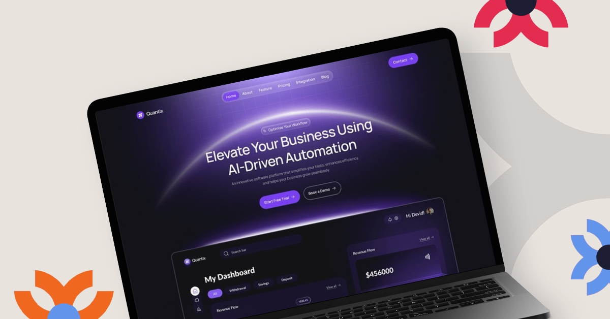 Webflow dashboard interface on laptop showing AI-driven automation website design layout