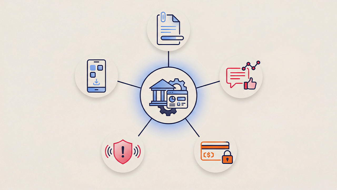 A government digital hub connected to five service touchpoints: documents, mobile apps, social media, payments, and emergency alerts