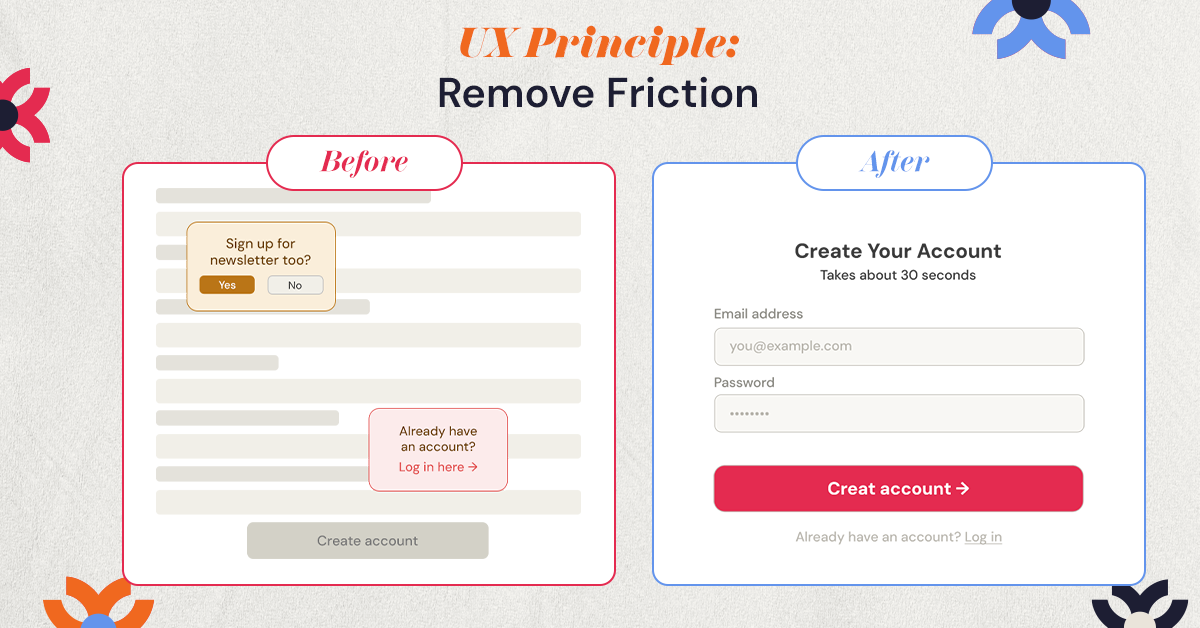 Before and after UI comparison showing the remove friction UX principle — cluttered form vs clean signup
