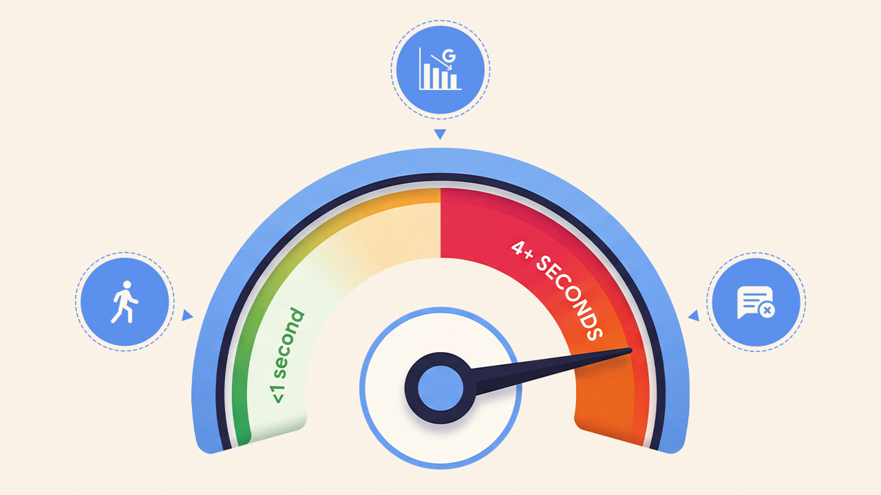 Website load time speedometer showing slow speed in the red zone