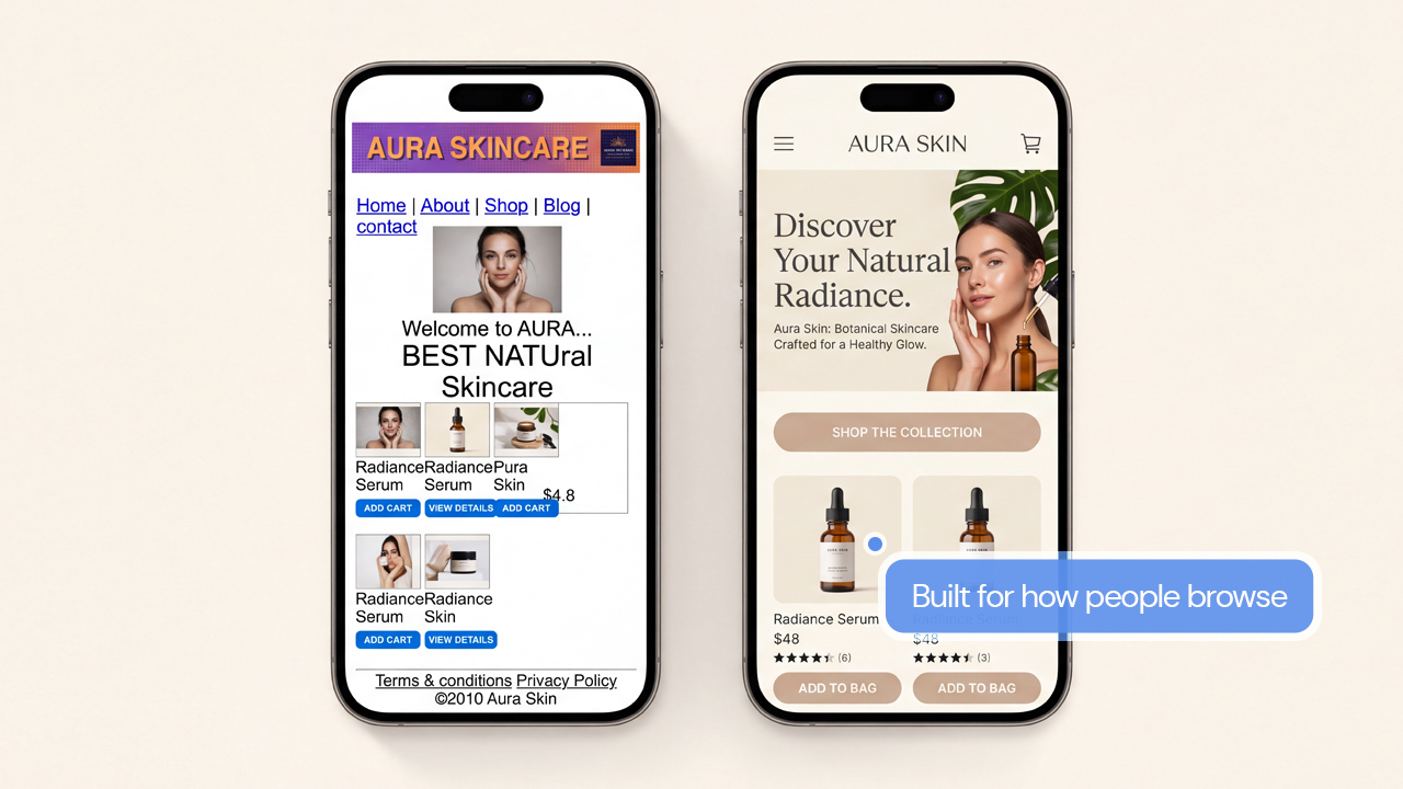 Cluttered mobile website compared to a clean responsive design