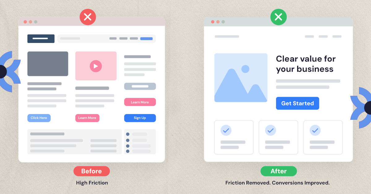 Before and after comparison of a cluttered versus simplified webpage