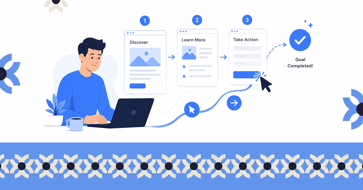 Illustration of a user navigating a digital path on a laptop screen