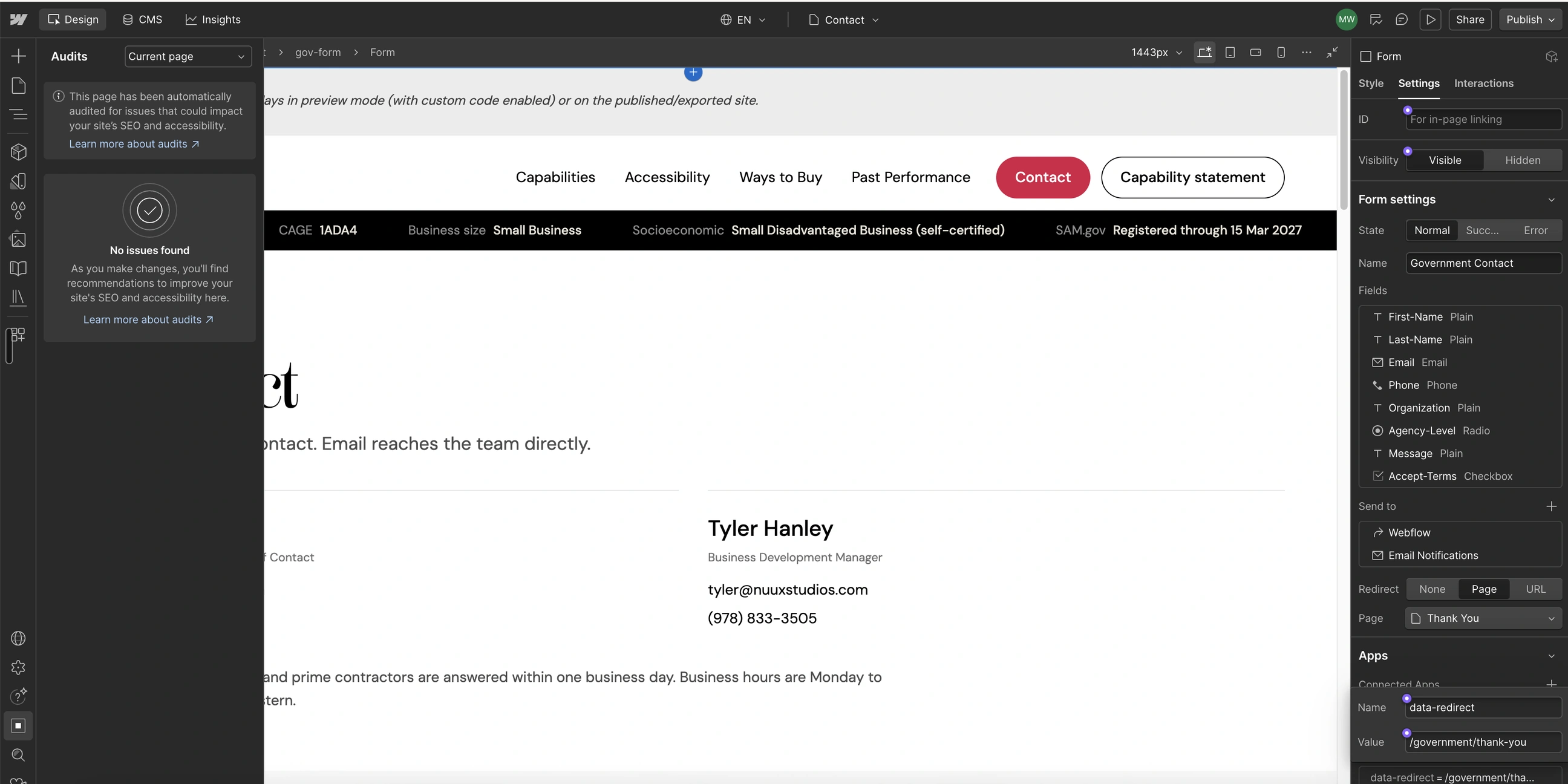 The Webflow Designer editing the NUUX government Contact page. The audits panel reports no SEO or accessibility issues, and the form settings panel lists the form's fields and its redirect to the Thank You page.