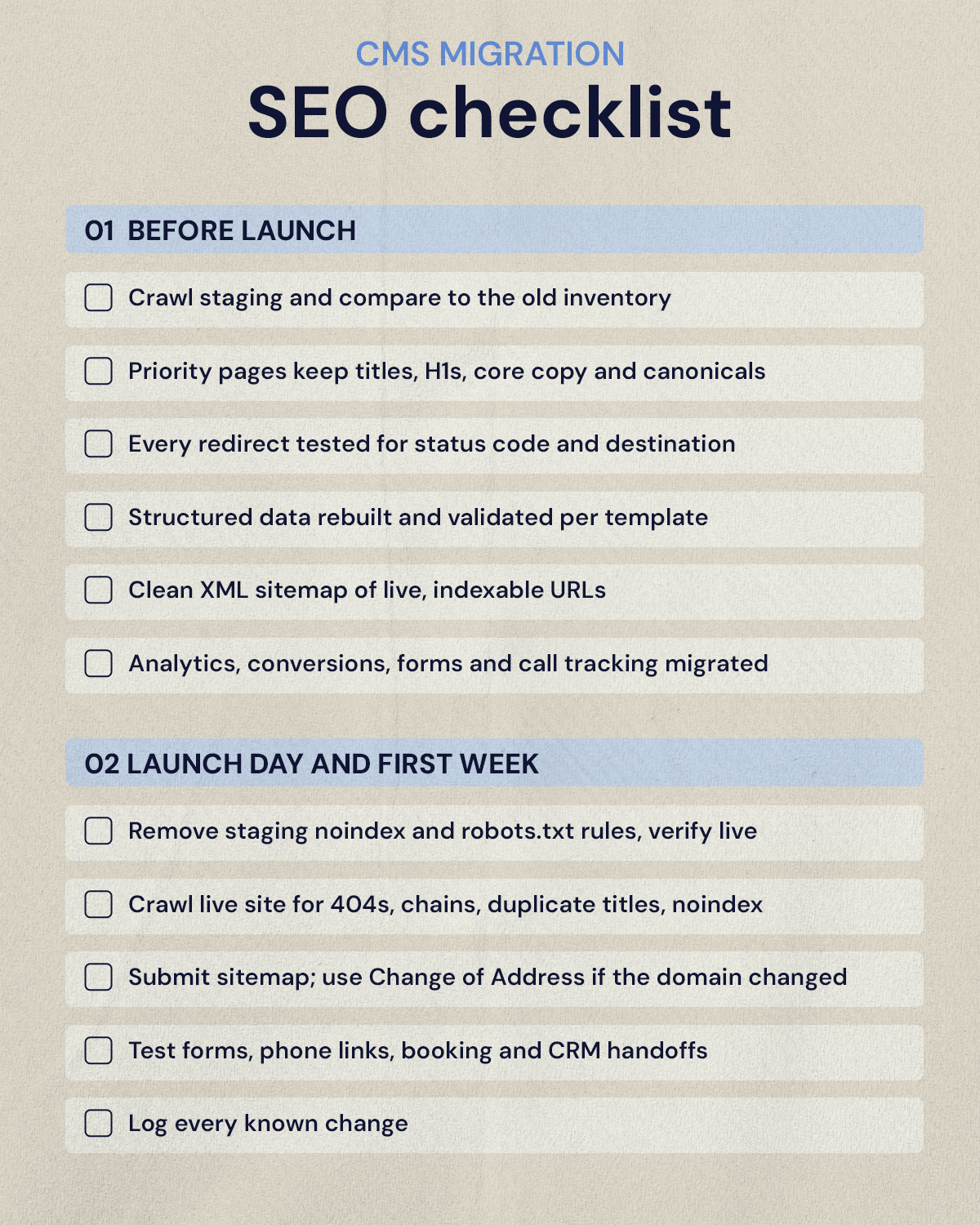 Two part CMS migration SEO checklist covering pre-launch checks and launch day plus first week tasks