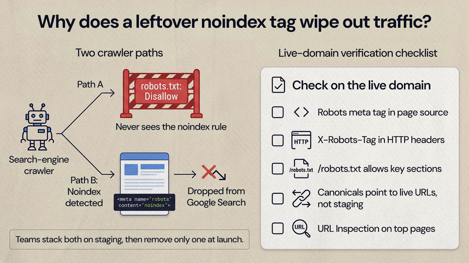 Diagram of robots.txt hiding a noindex tag from Google, with five checks to run on the live domain