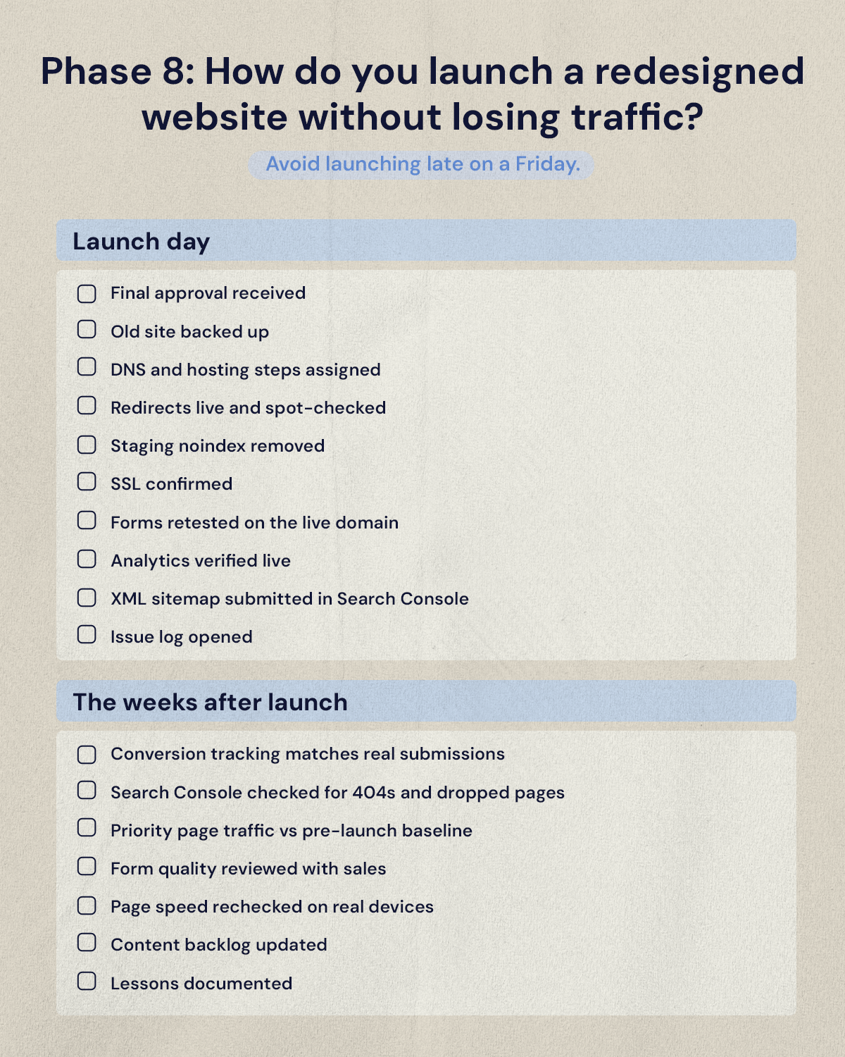 Launch day and post-launch website redesign checklists with checkboxes