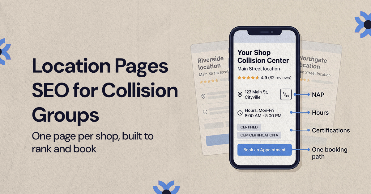 Phone mockup of a collision shop location page with NAP, hours, certifications and booking callouts