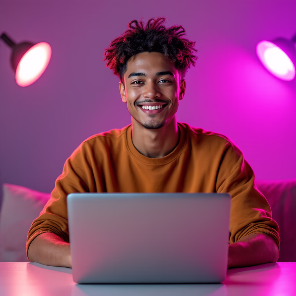 [headshot] image of satisfied student using a laptop
