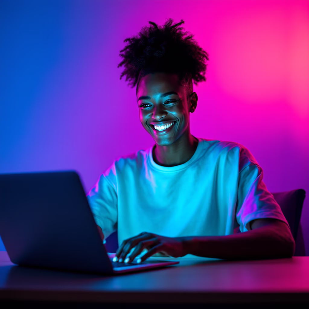 [headshot] image of satisfied student using a laptop