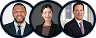 Portraits of three diverse smiling people in casual clothes on gray blurred backgrounds.