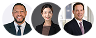Portraits of three diverse smiling people in casual clothes on gray blurred backgrounds.