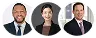 Portraits of three diverse smiling people in casual clothes on gray blurred backgrounds.