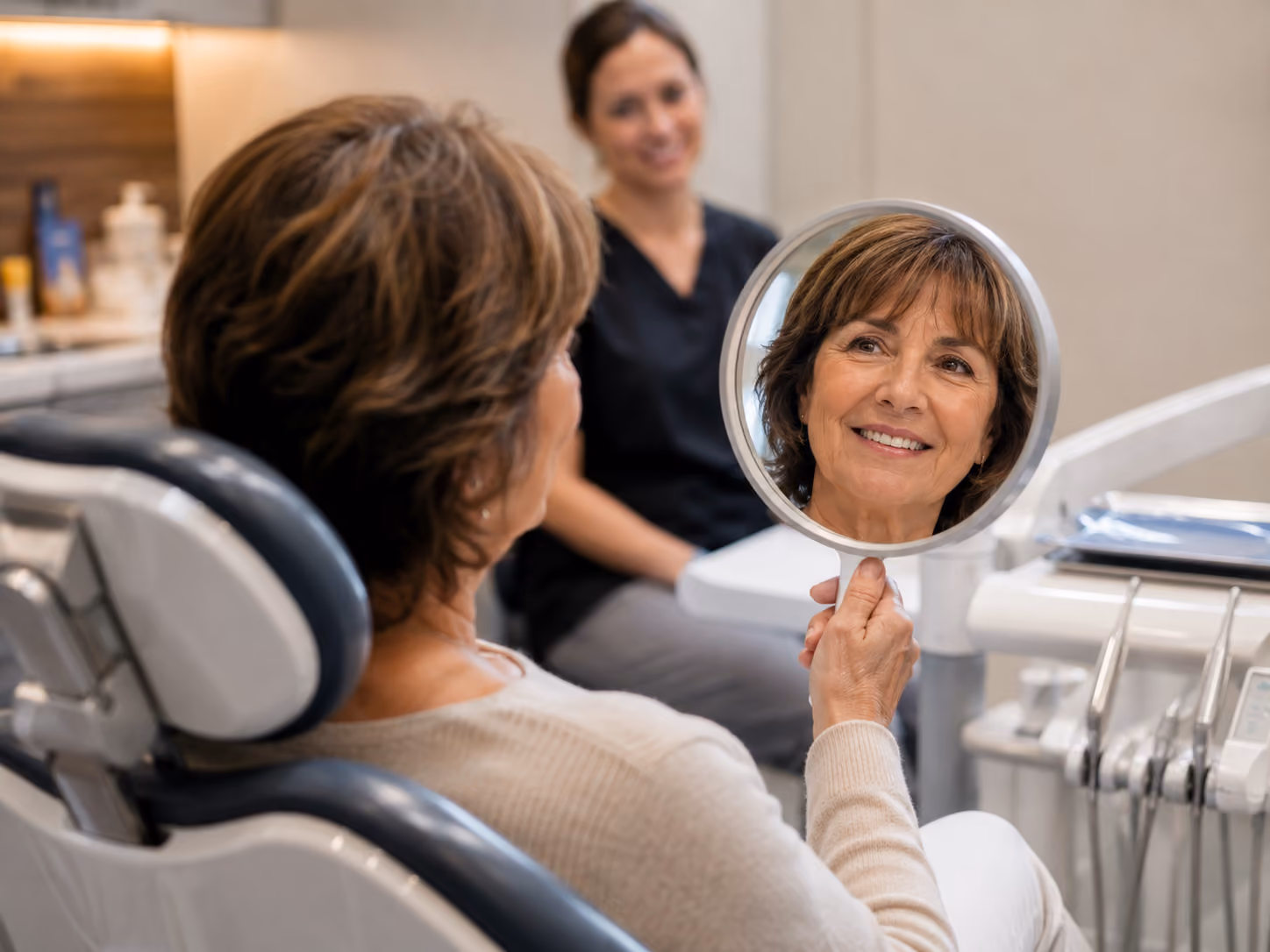 Patient smiling during an 8-week prototype try-in appointment for a full arch implant bridge