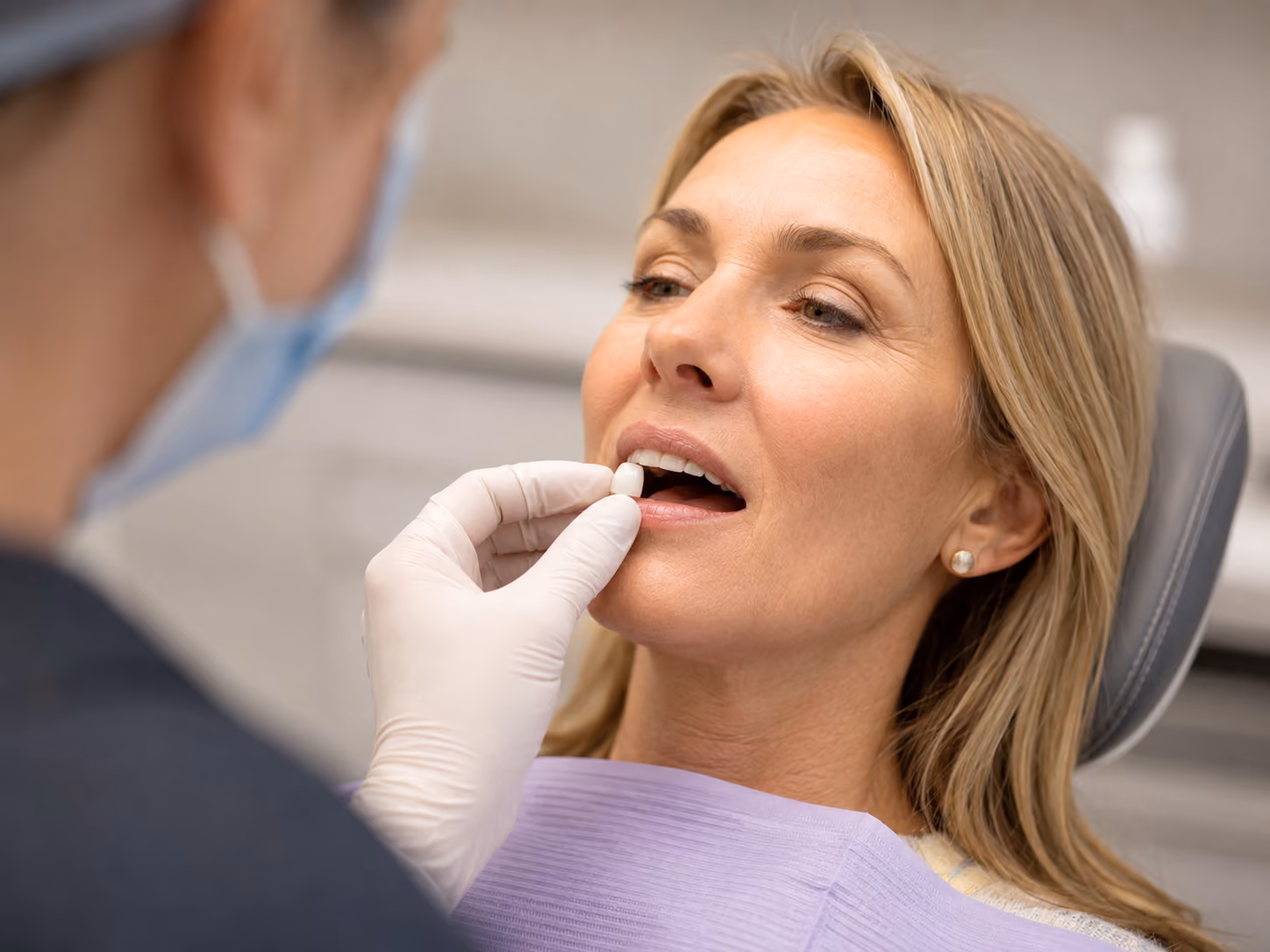 Final crown restoration appointment at general dentist office
