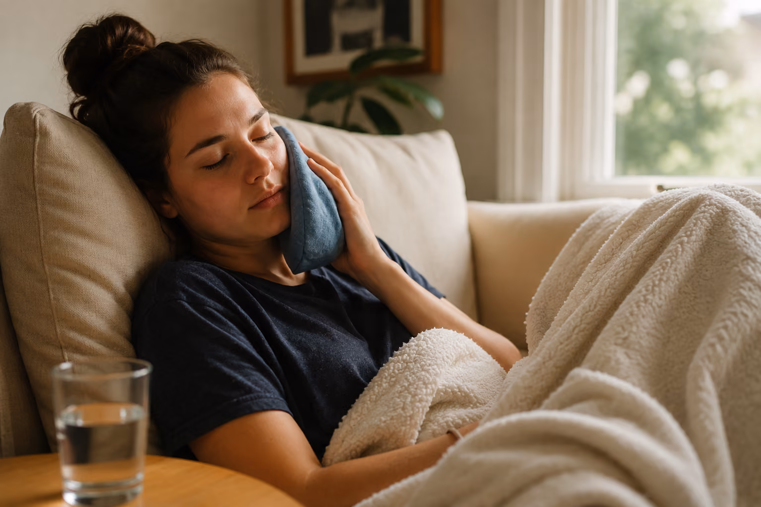 Patient resting at home during the first 24 hours after wisdom teeth removal