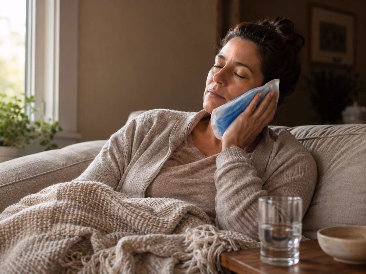 Patient resting at home after surgical tooth extraction
