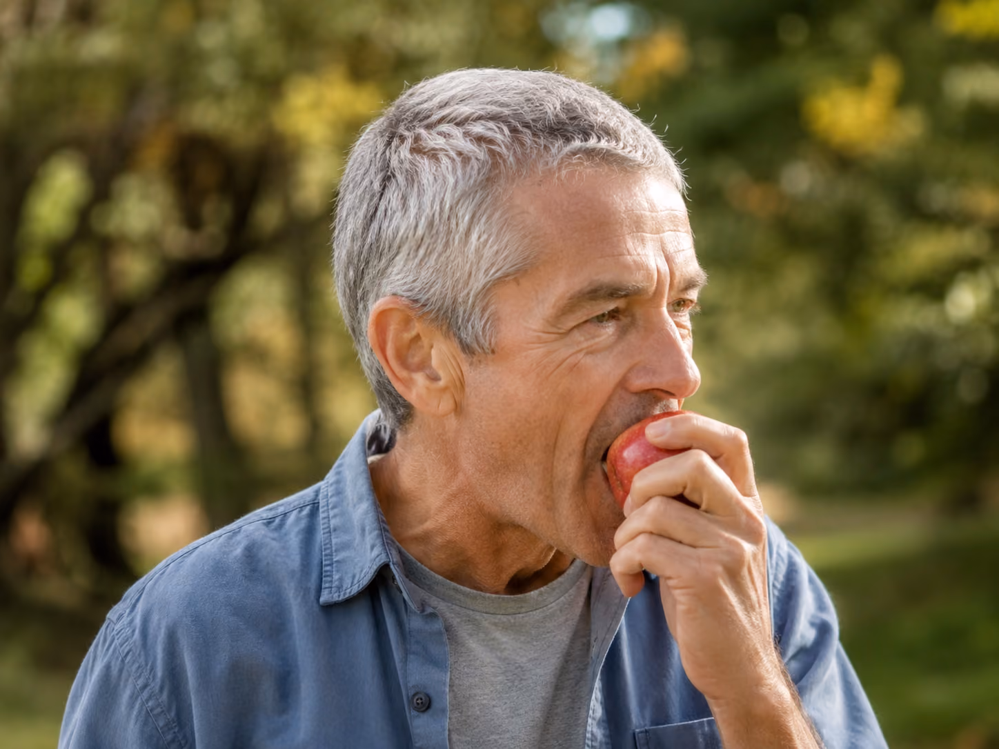 Man biting into an apple outdoors, restored chewing function after upper back implants