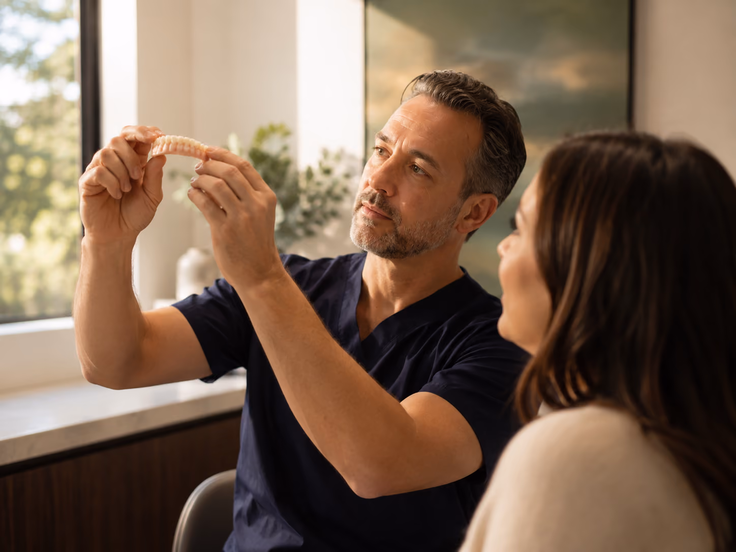 Doctor and patient reviewing a full-arch prototype try-in on a dental model