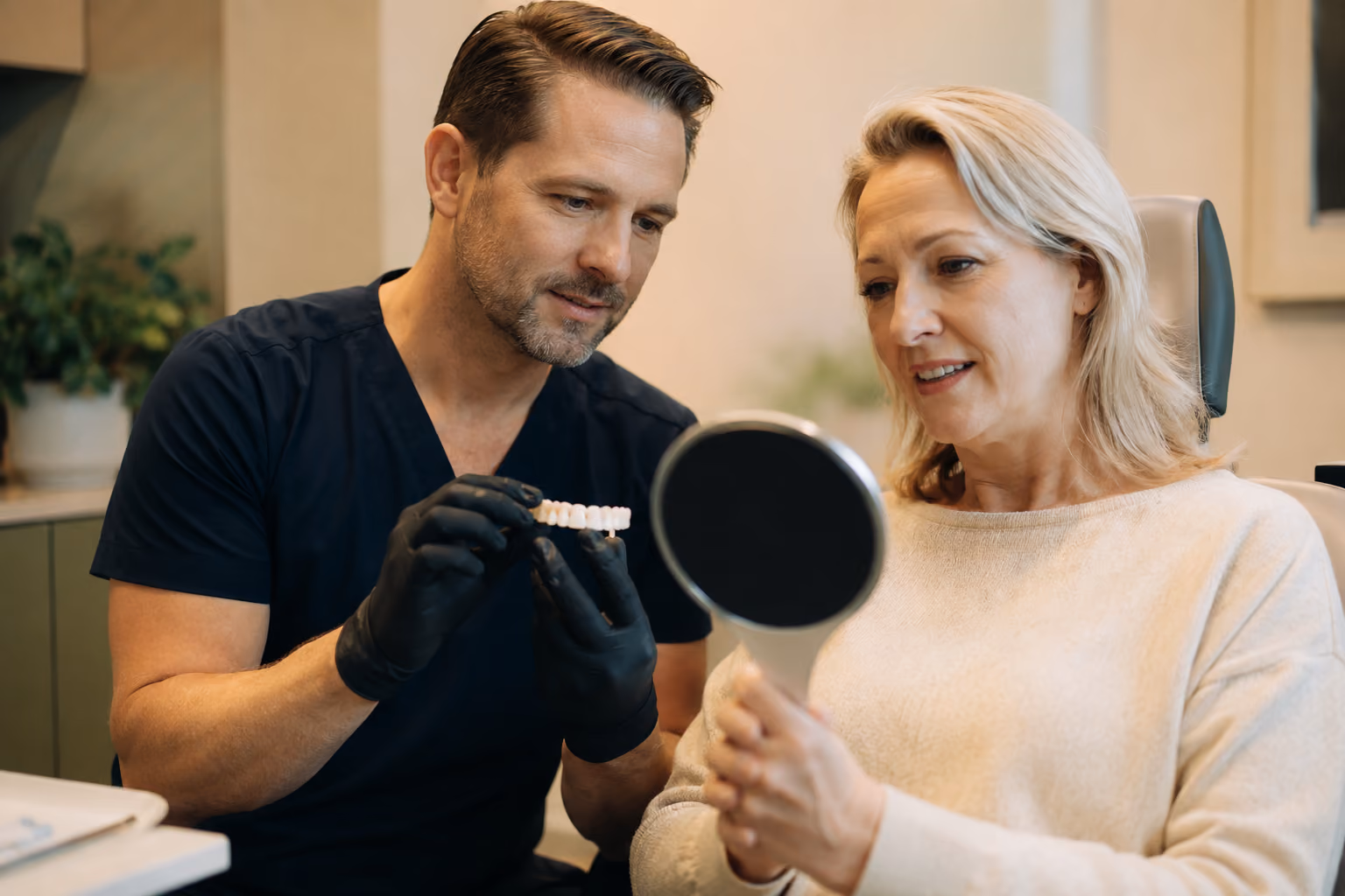 Dr. Volland reviewing a full-arch prototype try-in with a patient using a dental model