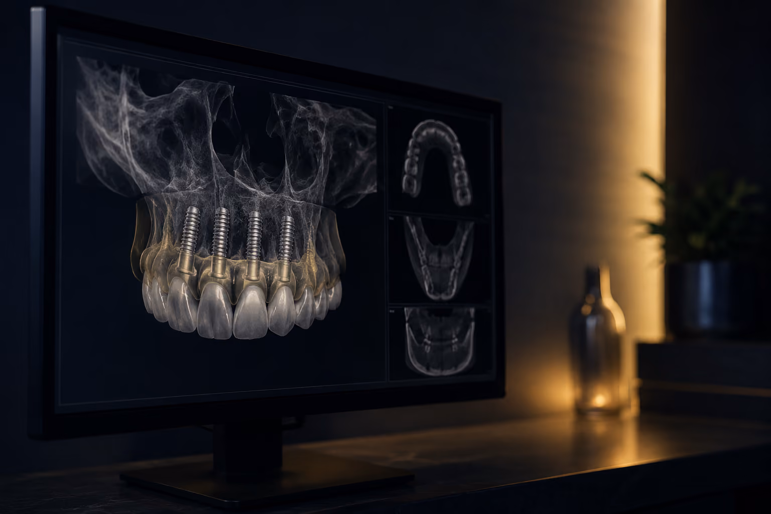 Digital workstation displaying a 3D scan used to plan full-arch implant placement