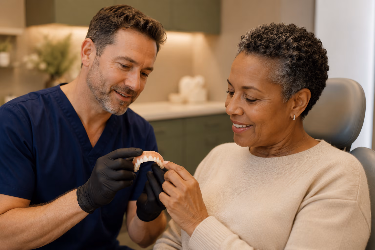Doctor reviewing a full-arch prototype bridge with a patient before final milling