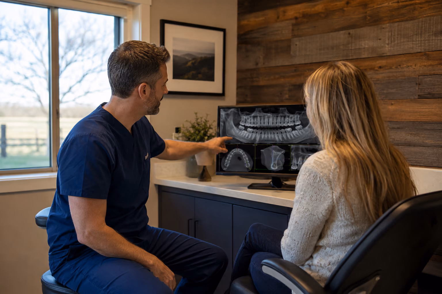 Doctor reviewing 3D CBCT imaging with a patient during a full-arch implant consultation in Bonney Lake, WA