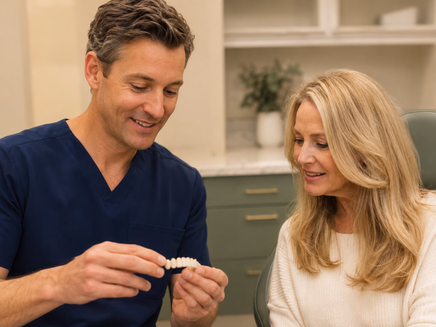 Patient at the prototype try-in visit, checking bite, esthetics, and speech before the final zirconia bridge