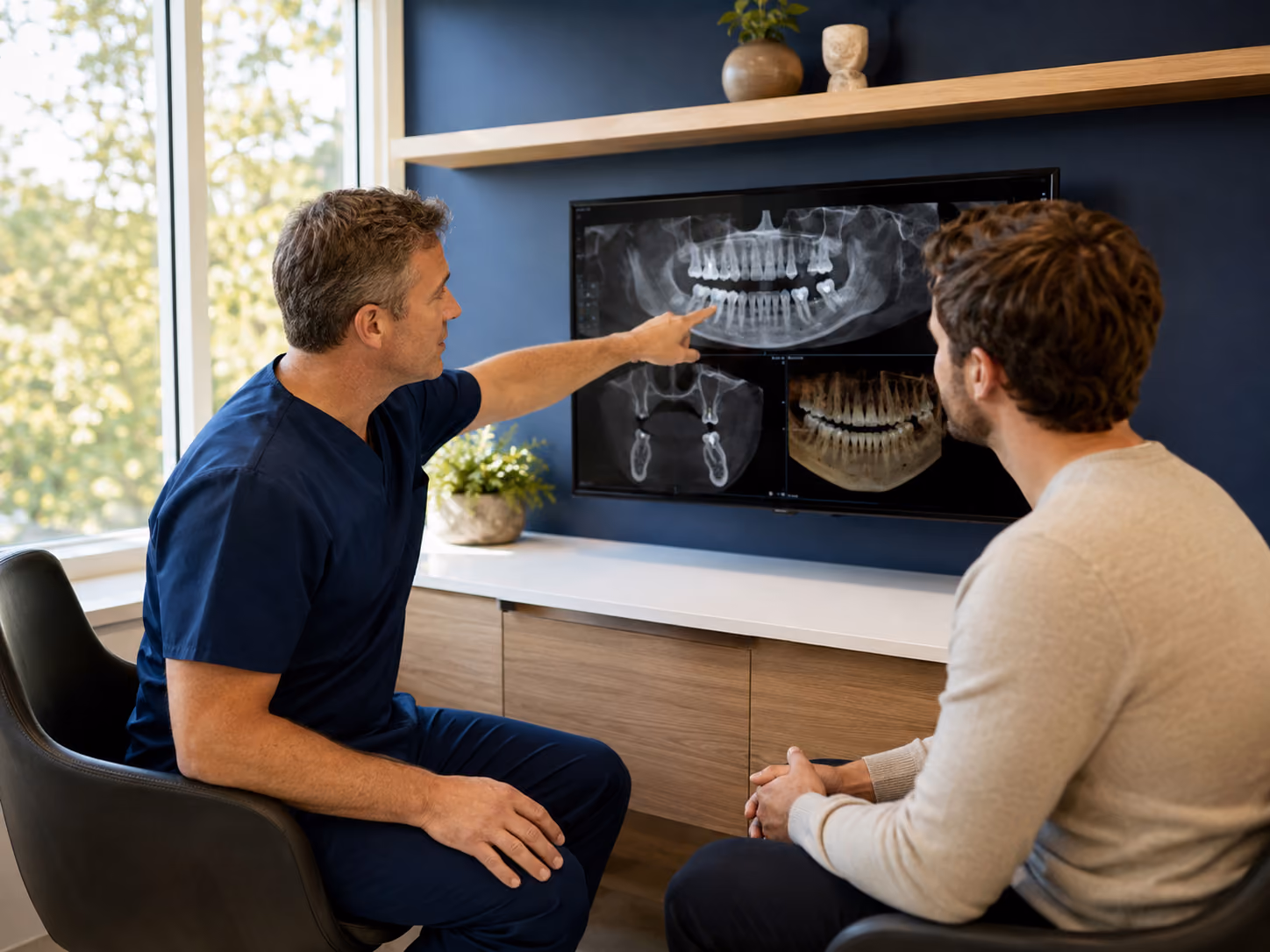 Doctor reviewing CBCT imaging with a patient during a full-arch implant consultation