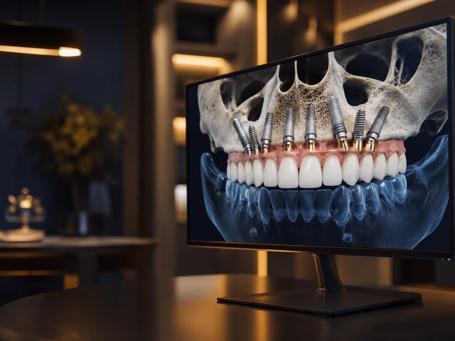 3D visualization of implant placement used to plan full-arch dental implants before surgery
