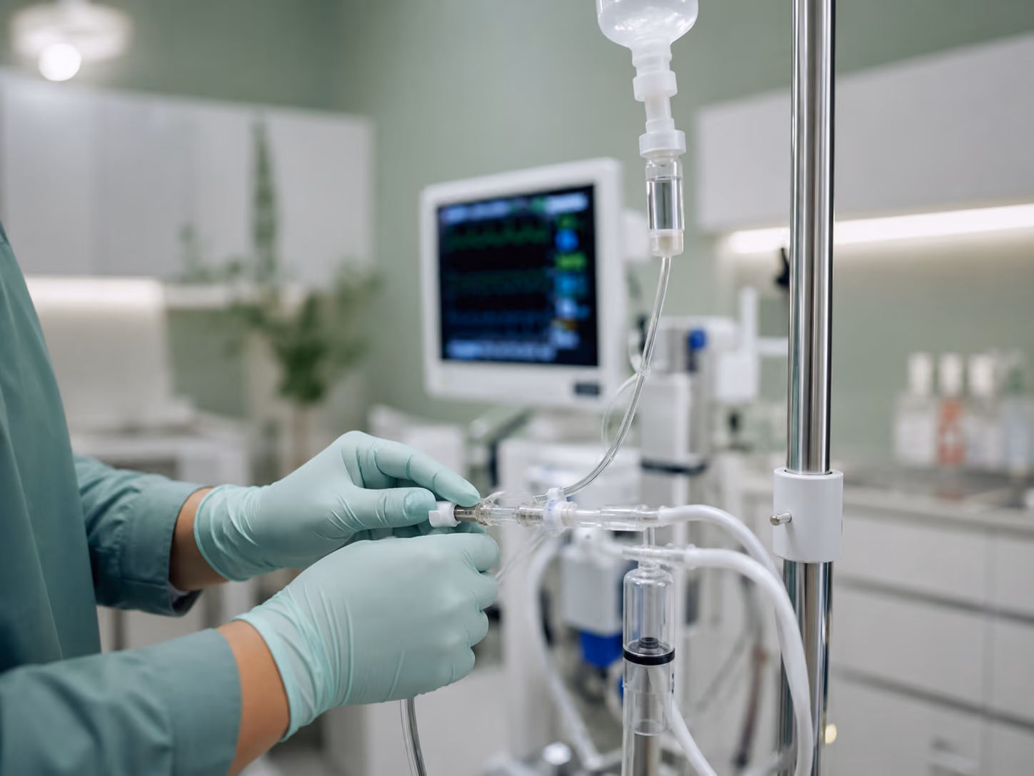 Clinician's hands adjusting an IV sedation line