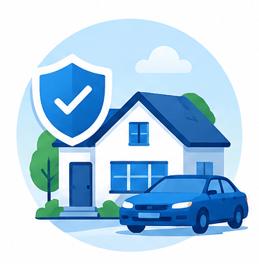 Blue car parked in front of a house with a large blue shield and checkmark symbolizing security.