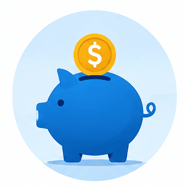Blue piggy bank with a gold coin featuring a dollar sign being dropped in.