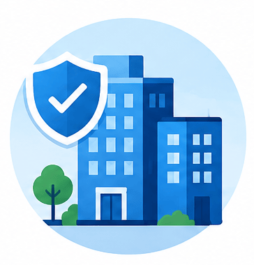 Blue buildings with tree and shield icon featuring a checkmark symbolizing security or protection.