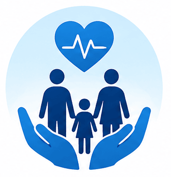 Blue icon of hands holding a family of three under a heart with a heartbeat line.