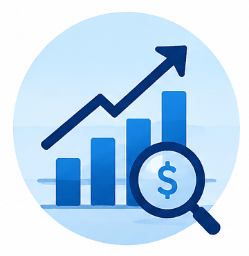 Bar chart with ascending bars and an upward arrow, a magnifying glass with a dollar sign in front.