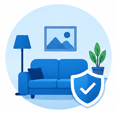 Blue living room with sofa, floor lamp, plant, framed picture, and shield with checkmark.