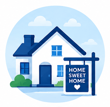 White house with blue roof and windows, a sign reading 'Home Sweet Home' with a heart below.